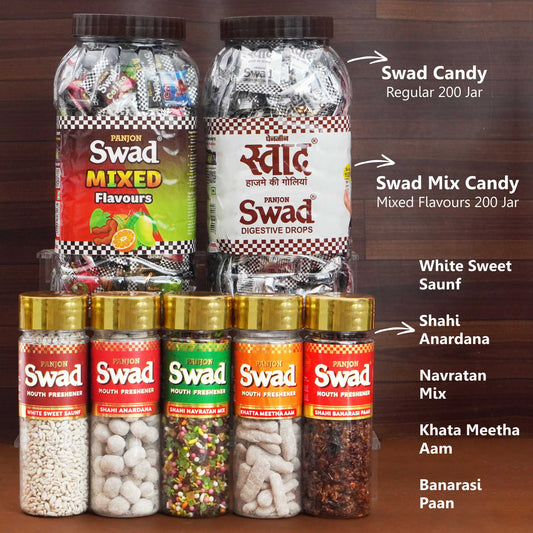 Swad Combo (White Saunf,Anardana ,Navratan Mix, AamPapad,Banarasi Paan, Swad Mixed & Digestive 200 Candies Jar) 7 Units