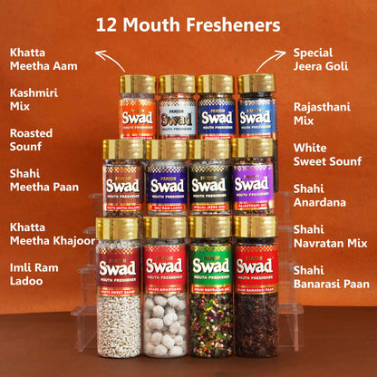 Swad Digestive Mouth Freshener | Rajasthani, Roasted Saunf, Kashmiri, Banarasi, Meetha Pan, White Sweet Saunf, Navratan Mix, Anardana, Khajoor, Jeera Goli,Imli Ram Ladoo,Khatta Meetha Aam | Pack of 12