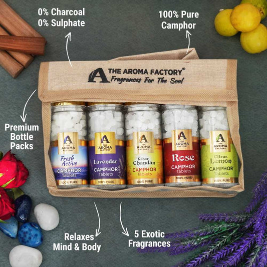 The Aroma Factory 100% Pure Camphor Tablets Fresh Active,Lavender,Kesar Chandan,Rose & Citrus Lemon Fragrances Pack of 5 Bottle