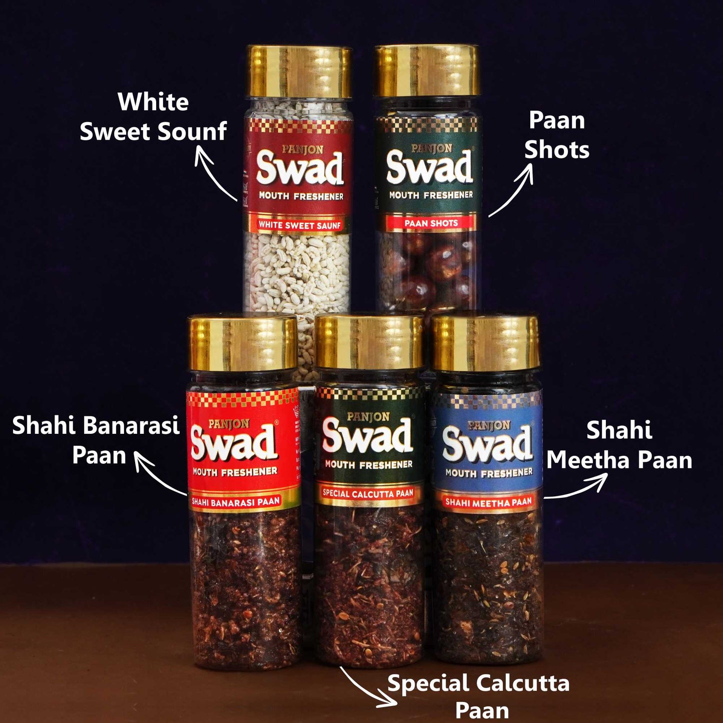 Swad Pan Mukhwas Combo (Banarasi, Calcutta, Shahi Meetha Paan, White Sweet Saunf, Paan Shots Mouthfreshener) 5 bottles, 790g
