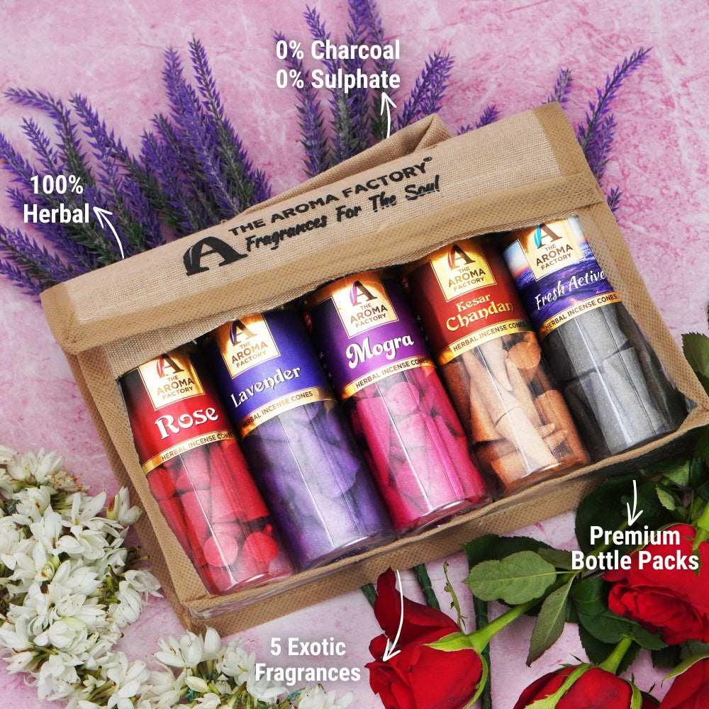 The Aroma Factory Incense Cone Set (Rose, Lavender, Mogra, Kesar Chandan, Fresh Active) Dhoop Cones, Pack of 5 x 30 Cones