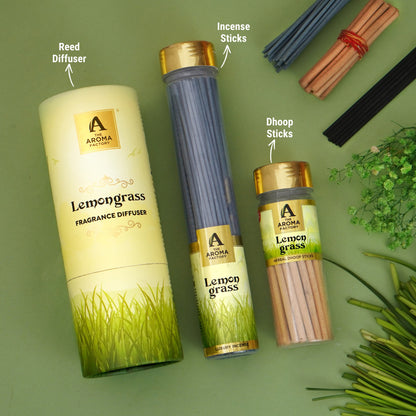 The Aroma Factory Lively Lemongrass, Complete Fragrance Collection of Agarbatti, Dhoop Batti, Camphor Tablet & Reed Diffuser, Combo of 3