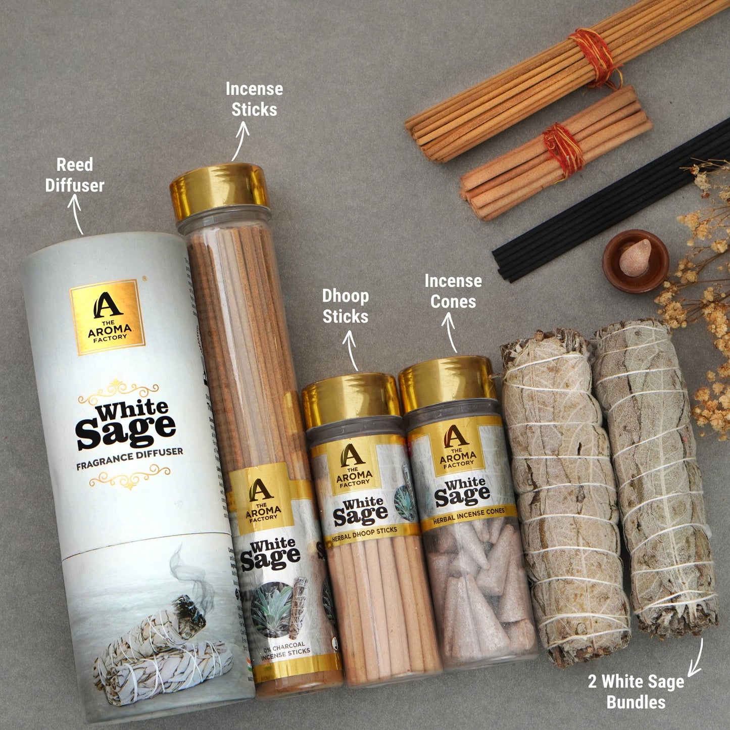 The Aroma Factory White Sage Aura, Complete Fragrance Collection of Agarbatti, Dhoop Batti, Dhoop Cone, Dry Leaves Bundle & Reed Diffuser, Combo of 5