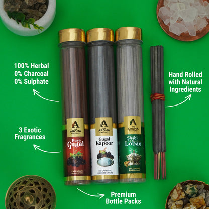 The Aroma Factory Gugal, Gugal Kapoor & Loban Agarbatti for Pooja,Luxury Incense Sticks,100% Herbal Fragrance Agarbathi, 0% Surphates (Bottle Pack of 3x100g)
