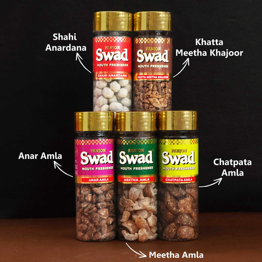 Swad Mukhwas Anar Amla, Meetha Amla,Chatpata Amla ,Anardana goli, Khatta Meetha Khajoor Mukhwas 5 Bottles, 730g