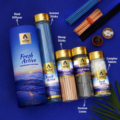 The Aroma Factory Fresh Active Sanctuary, Complete Fragrance Collection of Agarbatti, Dhoop Batti, Dhoop Cone, Camphor Tablet & Reed Diffuser, Combo of 5