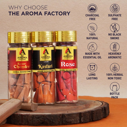 The Aroma Factory Organic Incense Dhoop Cones (Saffron Sandal,  Musk Kasturi , Rose,) No Charcoal | No Bamboo | 100% Herbal Fragrance | Assorted Pooja Dhoop, 3 x 90g