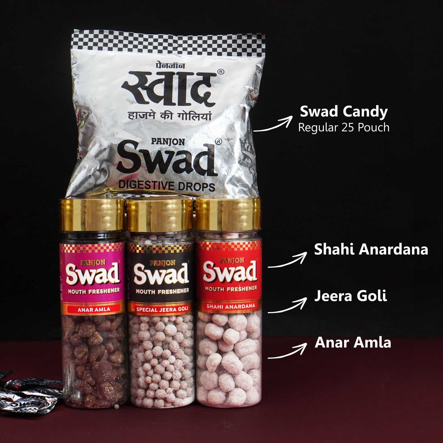 Swad Mukhwas & Candy Combo (Anar Amla,Jeera goli,Anardana,25 Candies Pack) 4 Units