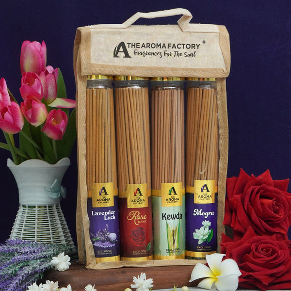 The Aroma Factory  Incense Sticks (Rose, Lavender, Mogra & Kewda Agarbatti) 4 bottles, Fragrance Jute Gift Pack