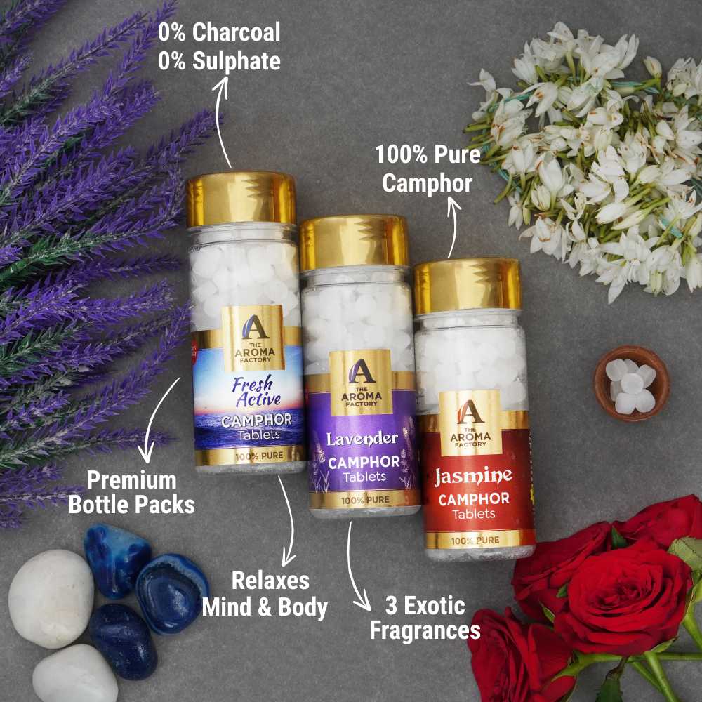 The Aroma Factory 100% Pure Camphor Tablets Fresh Acctive,Lavender & Jasmine  Fragrances Pack of 3 Bottle