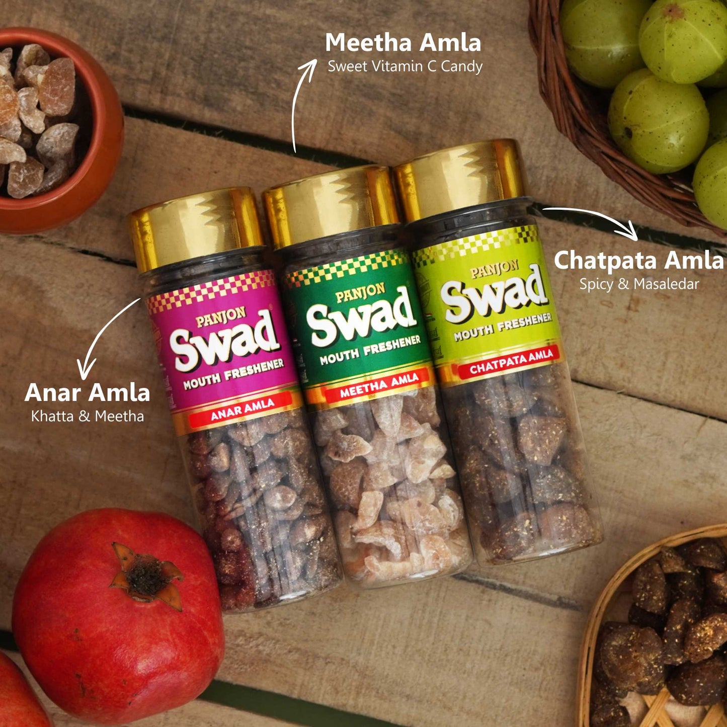 Swad Gooseberry Combo (Anar Amla, Meetha Amla & Chatpata Amla,Candy) 3 Bottles, 350g
