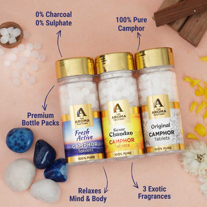 The Aroma Factory 100% Pure Camphor Tablets Fresh Active,Kesar Chandan & Original Fragrances Pack of 3 Bottle
