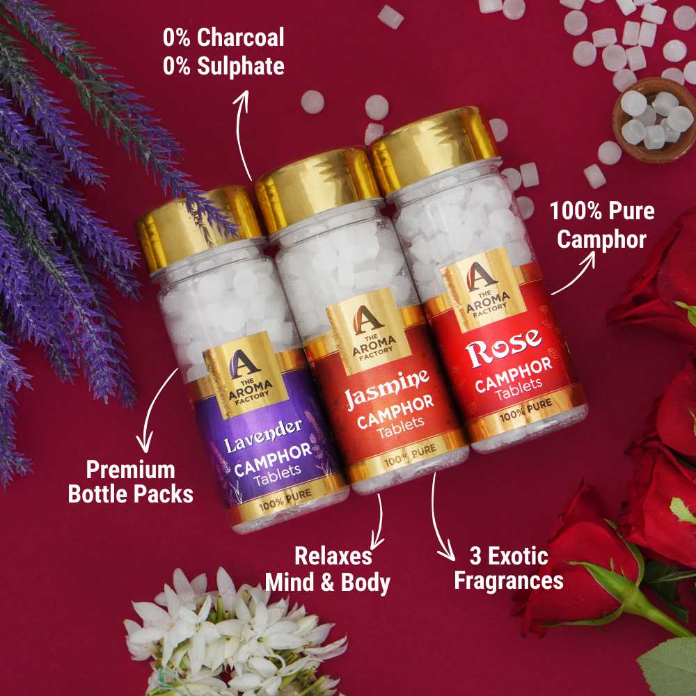 The Aroma Factory 100% Pure Camphor Tablets Lavender,Jasmine & Rose Fragrances Pack of 3 Bottle