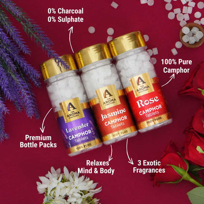 The Aroma Factory 100% Pure Camphor Tablets Lavender,Jasmine & Rose Fragrances Pack of 3 Bottle