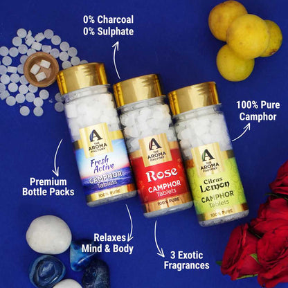 The Aroma Factory 100% Pure Camphor Tablets Fresh Active, Rose & Citrus Lemon Fragrances Pack of 3 Bottle