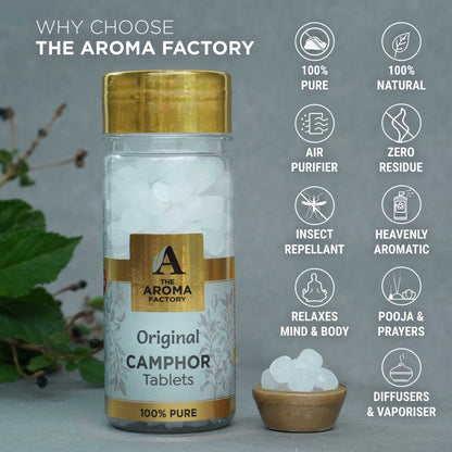 The Aroma Factory Pure Camphor Tablets, Original, Zero Residue Kapoor with Fragrance for Pooja, Aarti Kapur | Bottle Pack of 1 x 80gm