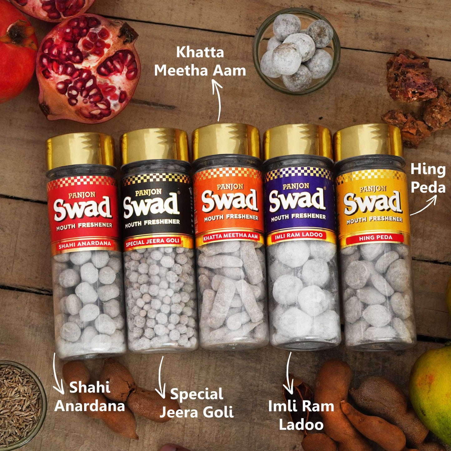 Swad Mouth Fresheners (Anardana Goli, Jeera Goli, Khatta Meetha Aam, Imli Pop Ram Ladoo, Hing Peda Mukhwas) 5 Bottles, 765g