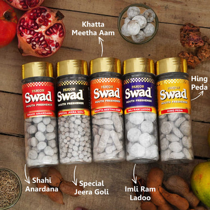 Swad Mouth Fresheners (Anardana Goli, Jeera Goli, Khatta Meetha Aam, Imli Pop Ram Ladoo, Hing Peda Mukhwas) 5 Bottles, 765g