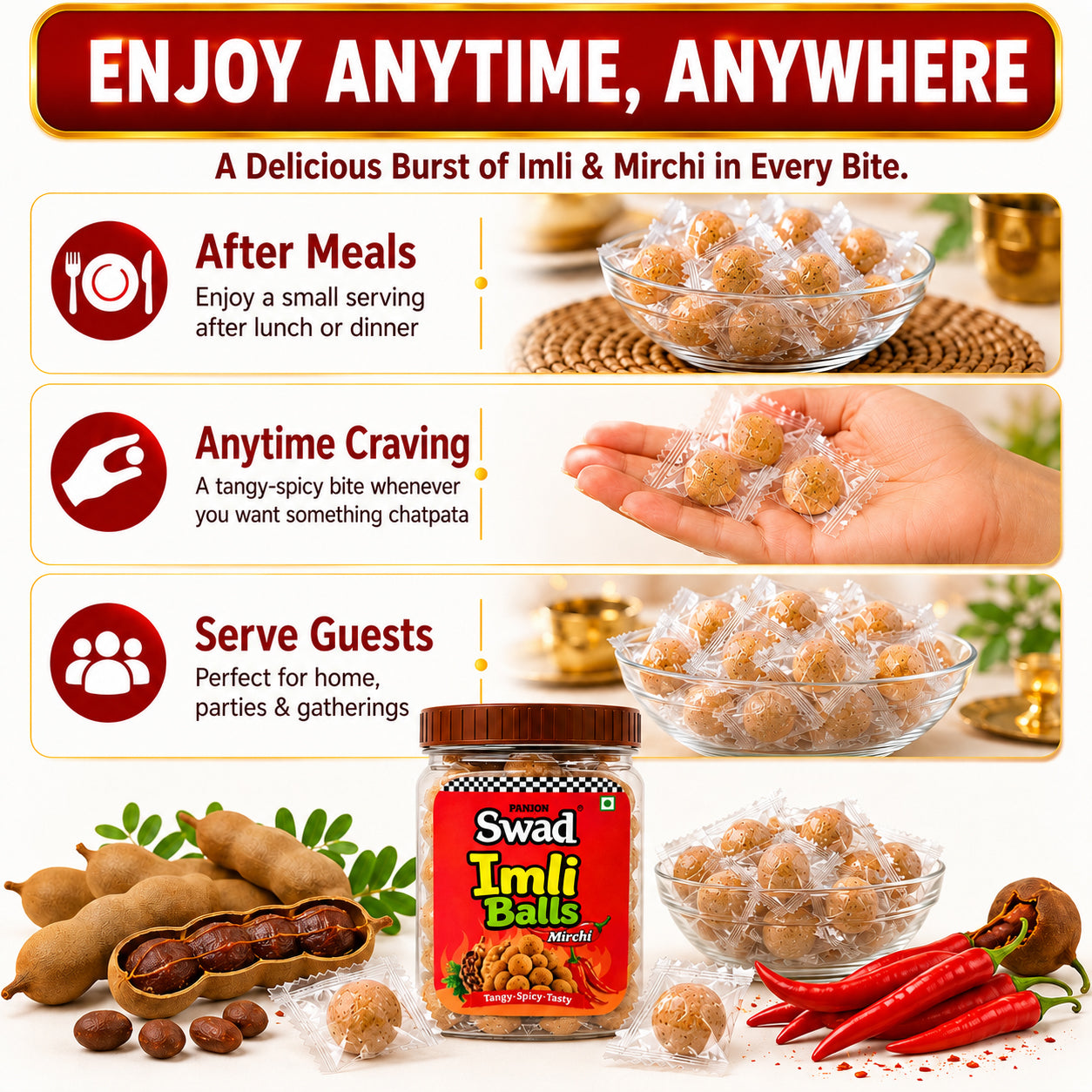 Swad Mirchi Imli Balls Khatti Meethi Candy | Tangy & Spicy Tamarind Candy | Chatpata Imli Goli | Sweet & Sour Indian Candy | Tamarind Balls Jar Pack | 220g
