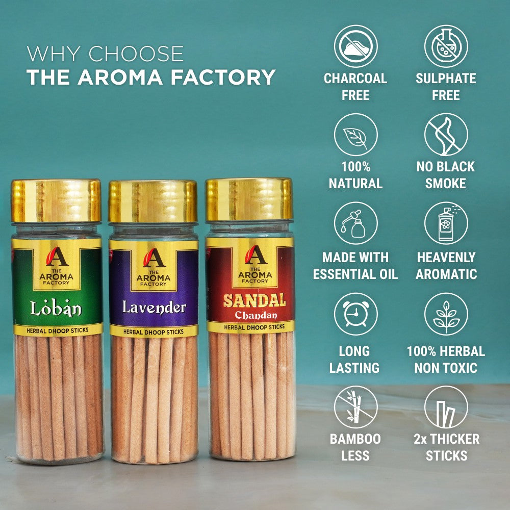 The Aroma Factory Rose,Sandal,Gugal,Loban & Lavender Dhoop Sticks for Pooja,100% Herbal Fragrance (Bottle Pack of 5 x100g) Jute Gift Set with Wooden Holder