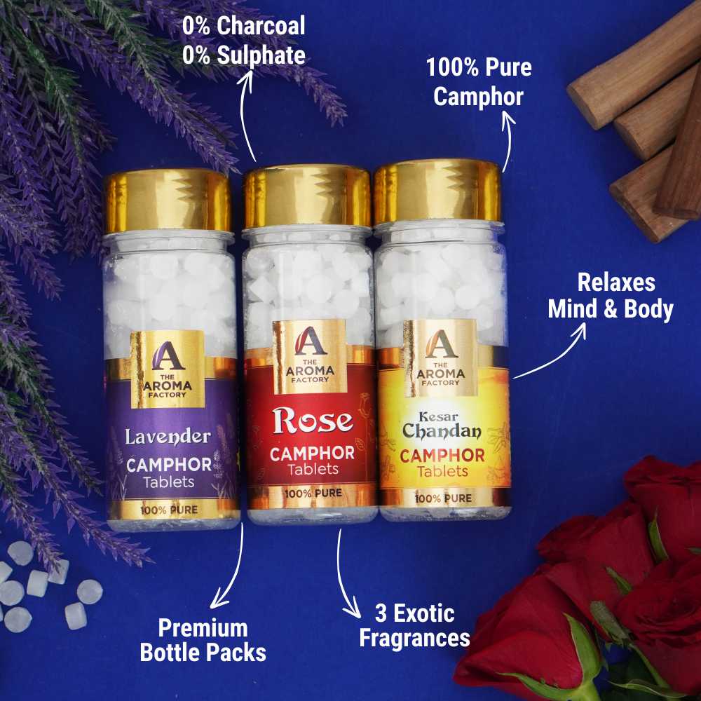 The Aroma Factory 100% Pure Camphor Tablets Lavender,Rose & Kesar Chandan Fragrances Pack of 3 Bottle
