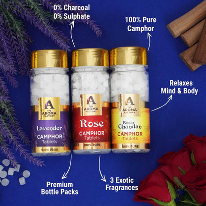 The Aroma Factory 100% Pure Camphor Tablets Lavender,Rose & Kesar Chandan Fragrances Pack of 3 Bottle
