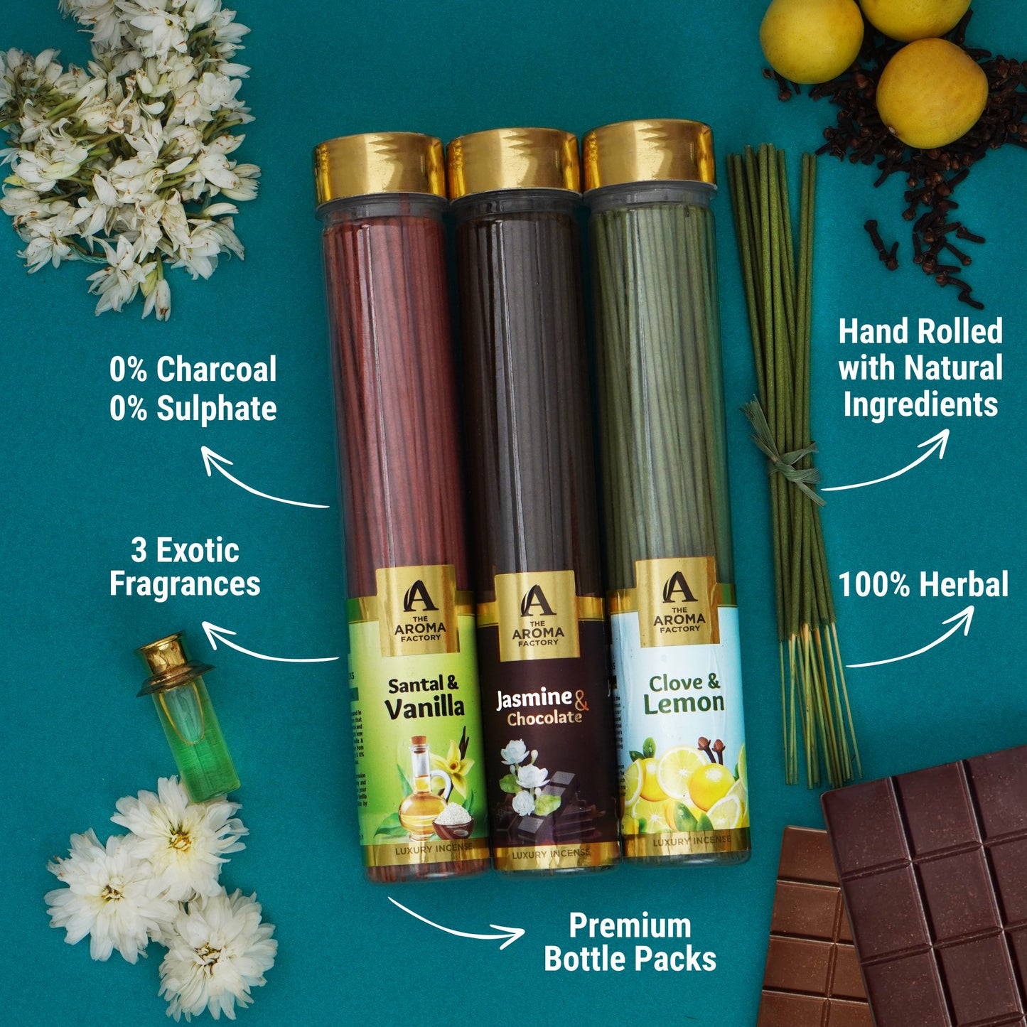The Aroma Factory Organic Incense Sticks (Herbal Agarbatti for Smudging, Cleansing) 0% Charcoal, 0% Sulphur, 3 x 100g Bottle (Santal & Vanilla, Jasmine & Chocolate & Clove & Lemon)