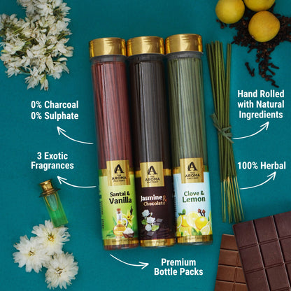The Aroma Factory Organic Incense Sticks (Herbal Agarbatti for Smudging, Cleansing) 0% Charcoal, 0% Sulphur, 3 x 100g Bottle (Santal & Vanilla, Jasmine & Chocolate & Clove & Lemon)