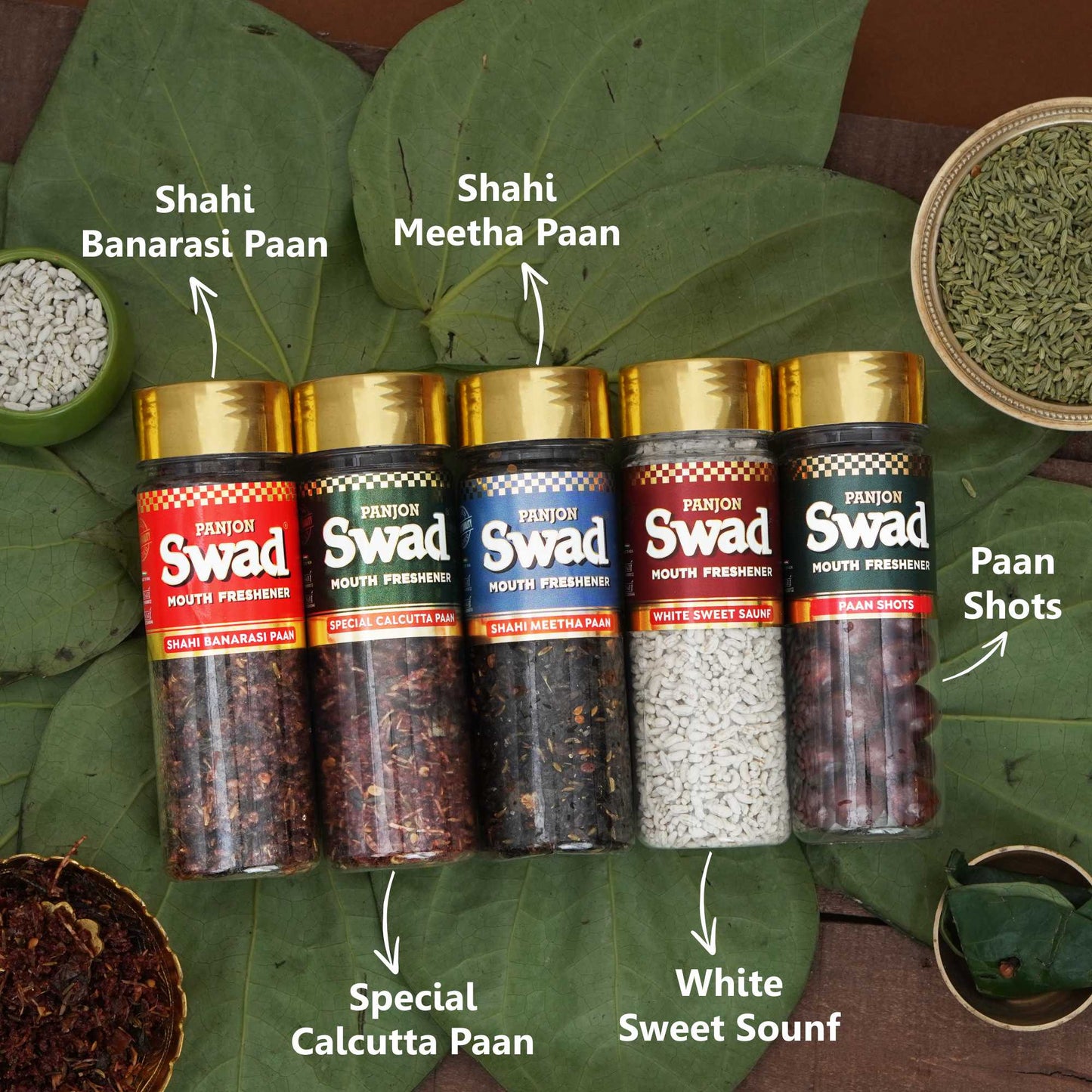 Swad Pan Mukhwas Combo (Banarasi, Calcutta, Shahi Meetha Paan, White Sweet Saunf, Paan Shots Mouthfreshener) 5 bottles, 790g