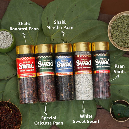 Swad Pan Mukhwas Combo (Banarasi, Calcutta, Shahi Meetha Paan, White Sweet Saunf, Paan Shots Mouthfreshener) 5 bottles, 790g