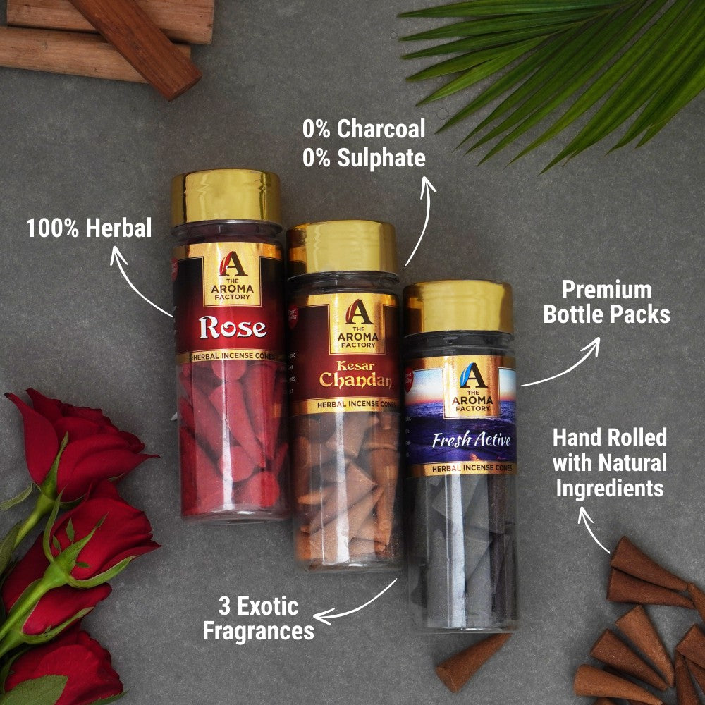 The Aroma Factory Organic Incense Dhoop Cones ( Rose , Kesar Chandan, Fresh Active ) No Charcoal | No Bamboo | 100% Herbal Fragrance | Assorted Pooja Dhoop, 3 x 90g