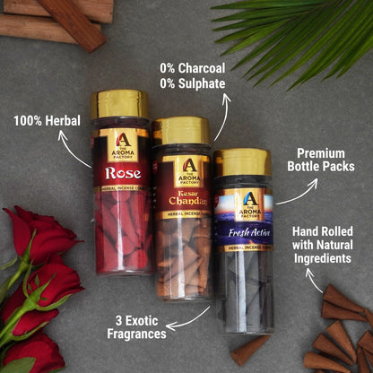 The Aroma Factory Organic Incense Dhoop Cones ( Rose , Kesar Chandan, Fresh Active ) No Charcoal | No Bamboo | 100% Herbal Fragrance | Assorted Pooja Dhoop, 3 x 90g