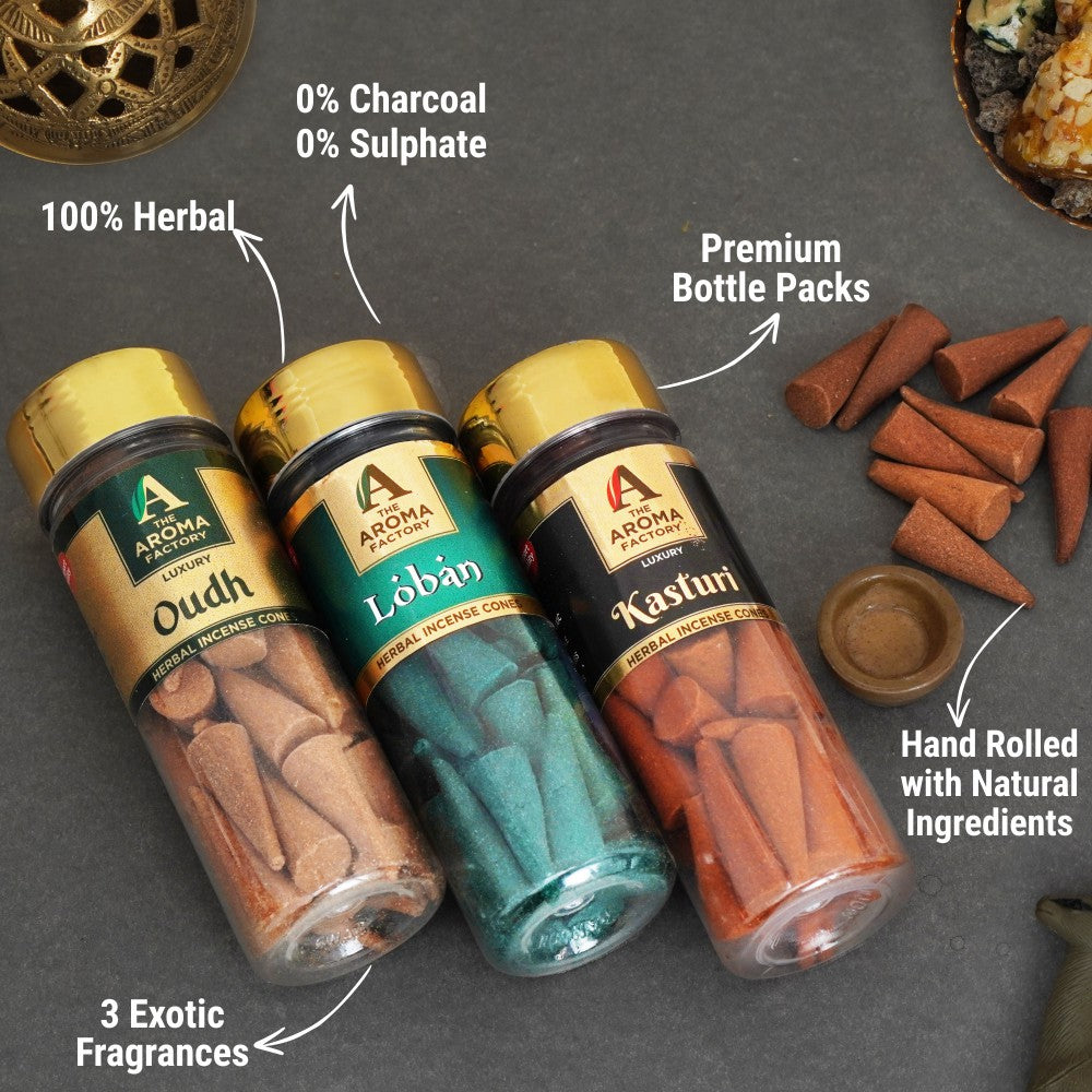 The Aroma Factory Organic Incense Dhoop Cones ( Oudh, Loban, Musk ) No Charcoal | No Bamboo | 100% Herbal Fragrance | Assorted Pooja Dhoop, 3 x 90g