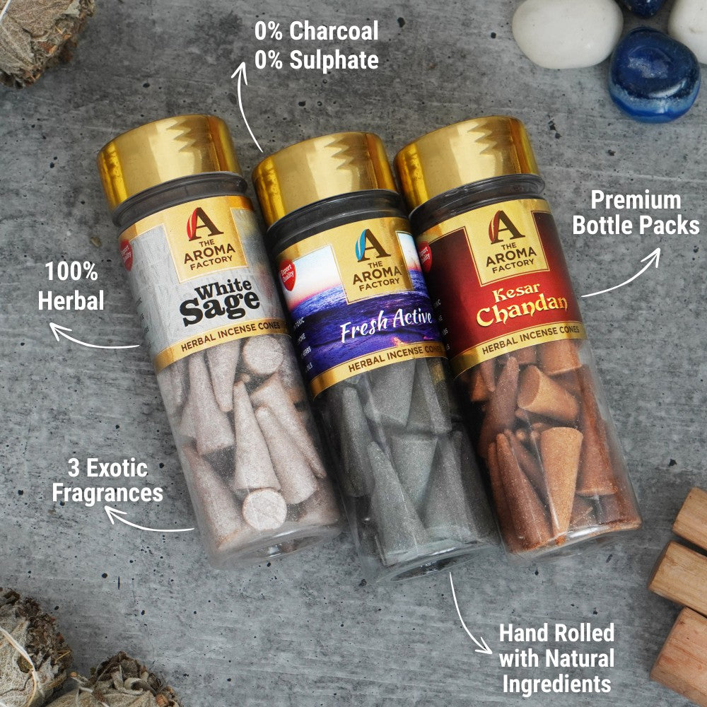 The Aroma Factory Organic Incense Dhoop Cones (White Sage, Fresh Active & Saffron Sandal) Zero Charcoal | No Bamboo | 100% Herbal Fragrance | Hand Made | Assorted, 3 x 90g