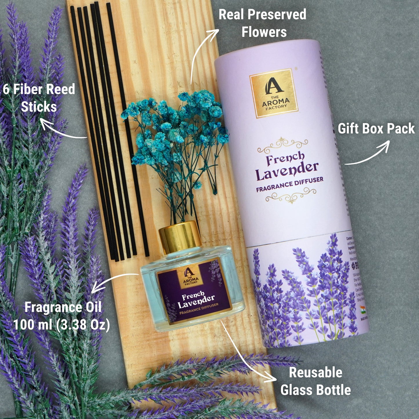 The Aroma Factory Fragrance Diffuser Set with Fibre Reed Sticks, Real Flowers, 100 ml (3.4 Oz) Aroma Oil (Lavender, 1 Box)