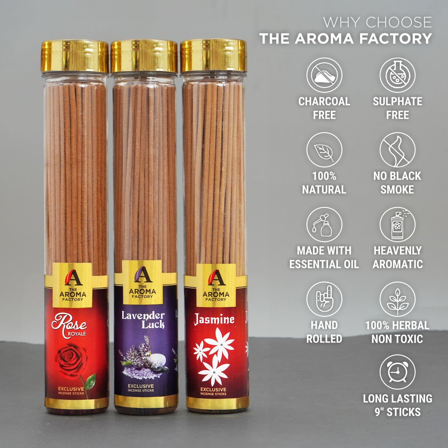 The Aroma Factory Organic Rose,Lavender & Jasmine Agarbatti for Pooja, No Charcoal Incense Sticks,100% Herbal Fragrance Agarbathi, (Bottle Pack of 3x100g)