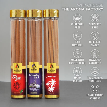 The Aroma Factory Organic Rose,Lavender & Jasmine Agarbatti for Pooja, No Charcoal Incense Sticks,100% Herbal Fragrance Agarbathi, (Bottle Pack of 3x100g)