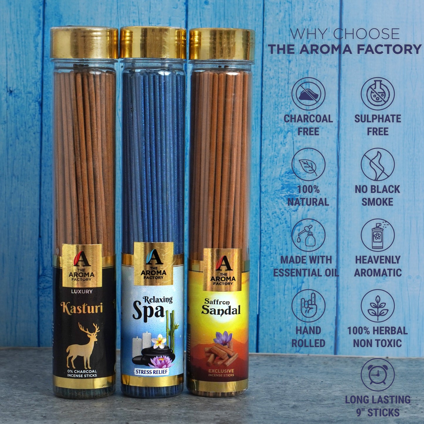 The Aroma Factory Organic Relaxing Spa,Kasturi Musk & Saffron Sandal Agarbatti for Pooja, No Charcoal Incense Sticks, 0% Sulphates (Bottle Pack of 3x100g)