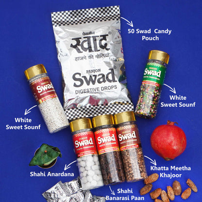 Swad Mukhwas & Candy Combo (Navratan mix,Khatta Meetha Khajoor ,Anardana,Banarasi Paan ,White Sweet Saunf 50 Candies Pack) 6 Units