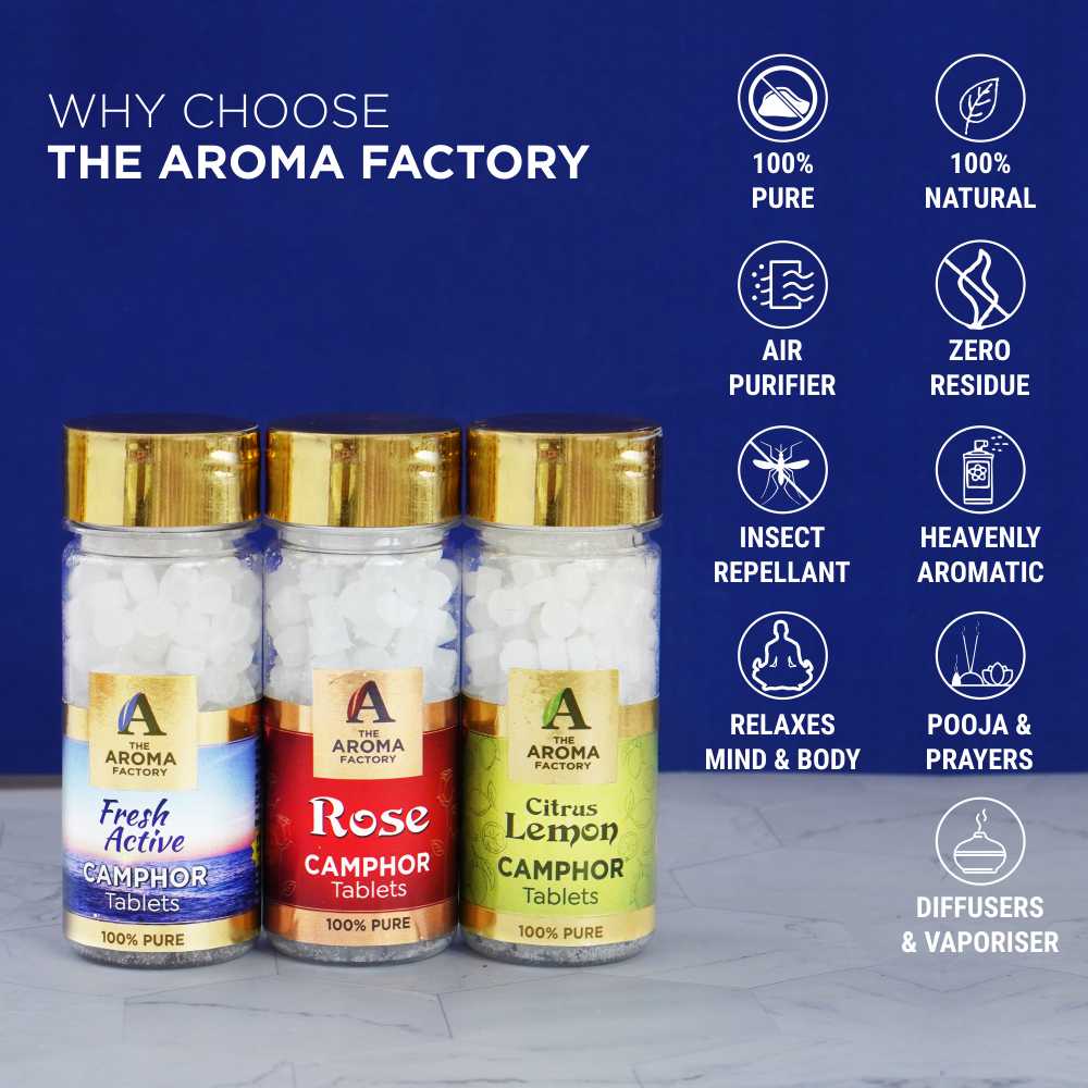The Aroma Factory 100% Pure Camphor Tablets Fresh Active,Lavender,Kesar Chandan,Rose & Citrus Lemon Fragrances Pack of 5 Bottle