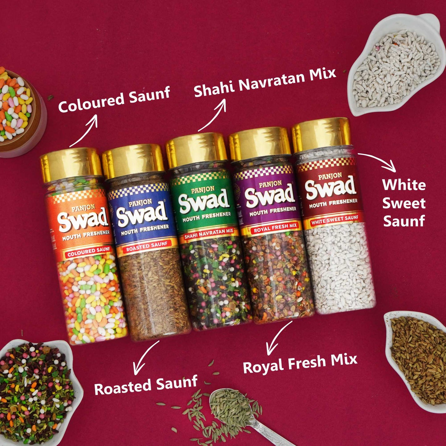 Swad 5 Mouthfresheners Combo (Navratan Mix Mukhwas, Royal Fresh,White Sweet Saunf, Coloured Saunf, Roasted Saunf) 700g