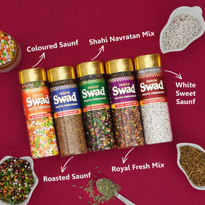 Swad 5 Mouthfresheners Combo (Navratan Mix Mukhwas, Royal Fresh,White Sweet Saunf, Coloured Saunf, Roasted Saunf) 700g