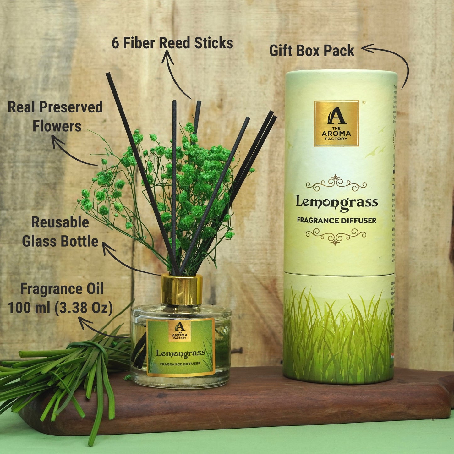The Aroma Factory Lively Lemongrass, Complete Fragrance Collection of Agarbatti, Dhoop Batti, Camphor Tablet & Reed Diffuser, Combo of 3