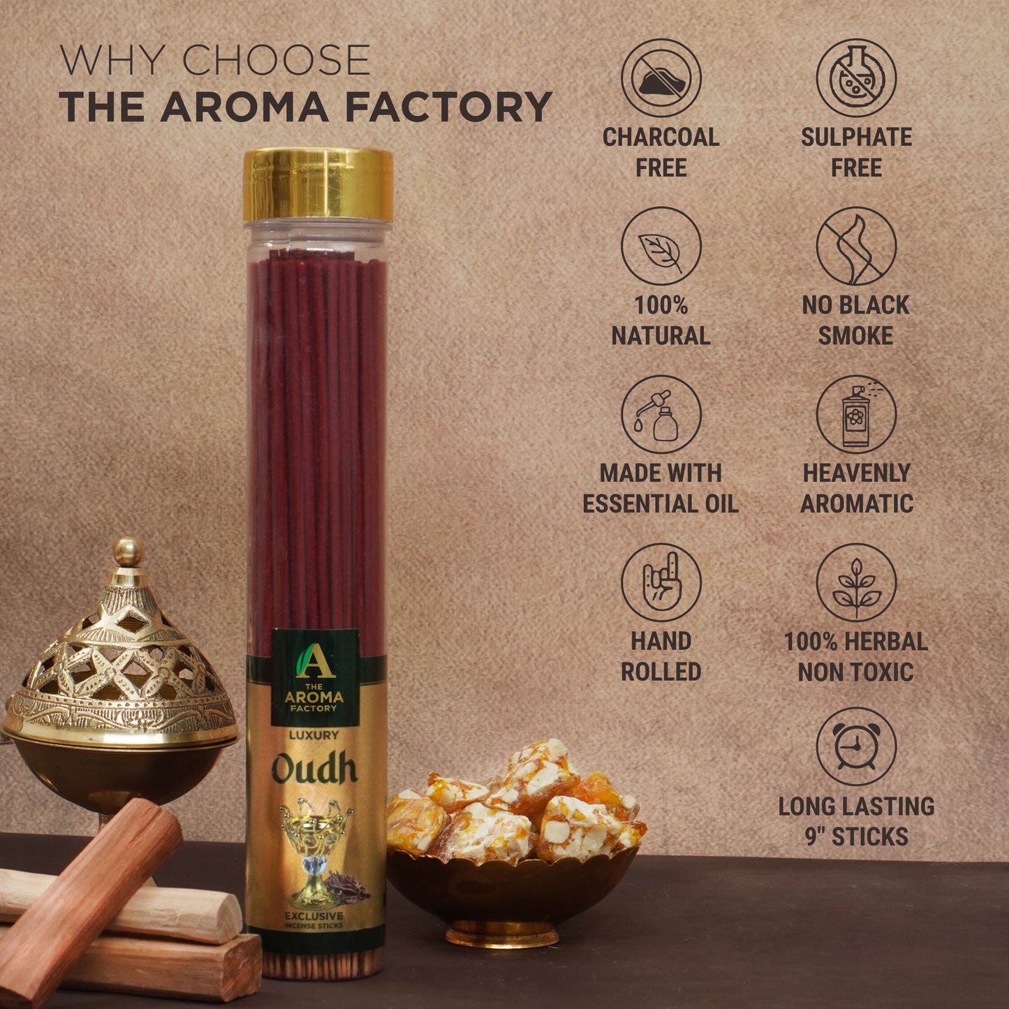 The Aroma Factory Oud Incense Stick (0% Charcoal 0% Suphates) Organic & Herbal Oudh Agarbatti Bottle Pack, 100G