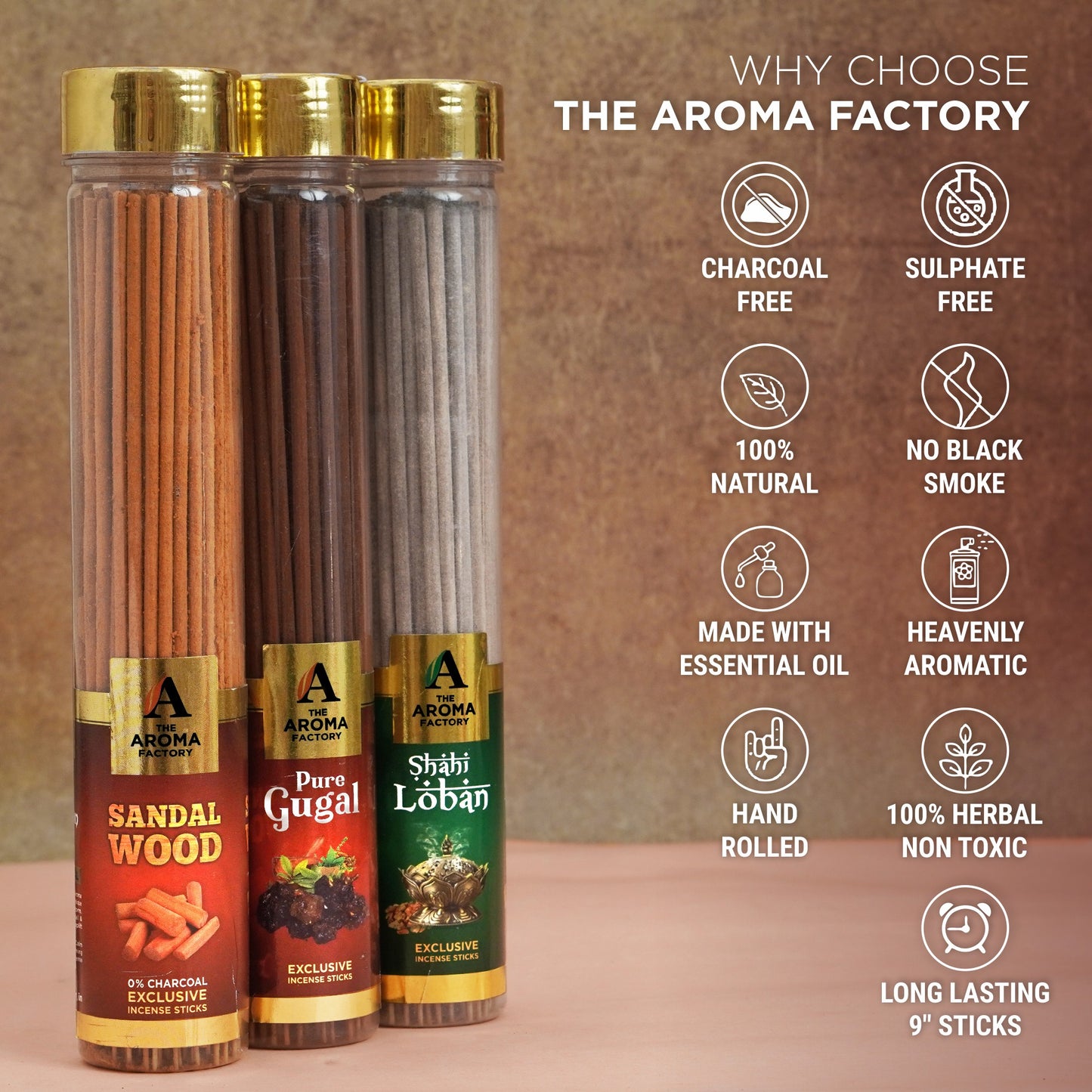 The Aroma Factory Loban,Gugal & Chandan Sandalwood Agarbatti for Pooja,Luxury Incense Sticks,100% Herbal Fragrance Agarbathi (Bottle Pack of 3x100g)