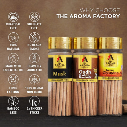 The Aroma Factory Dhoop Batti Set (Musk, Oudh & White Wood, Loban, Rose, Kesar Chandan) Herbal Dhup Sticks in Jute Bag, 5 Bottles x 100g