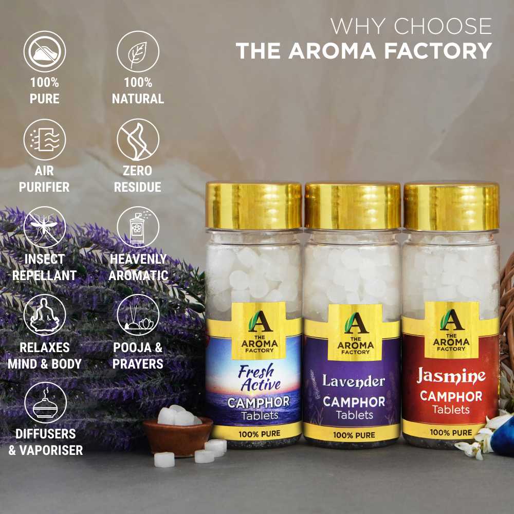 The Aroma Factory 100% Pure Camphor Tablets Original, Citrus Lemon,Jasmine, Fresh Active & Lavender Fragrances Packof 5 Bottle
