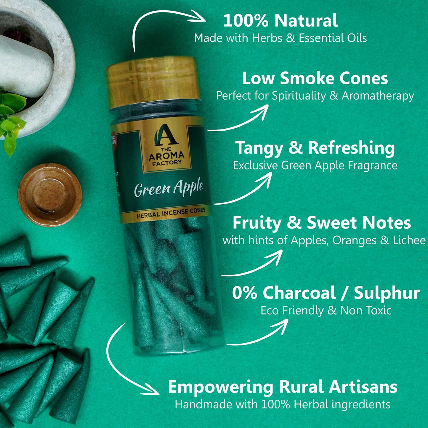 The Aroma Factory Organic Incense Dhoop Cones (Pineapple,  Fresh Active ,Green Apple) No Charcoal | Bambooless | 100% Herbal Fragrance | Assorted Dhoop, 3x 90g