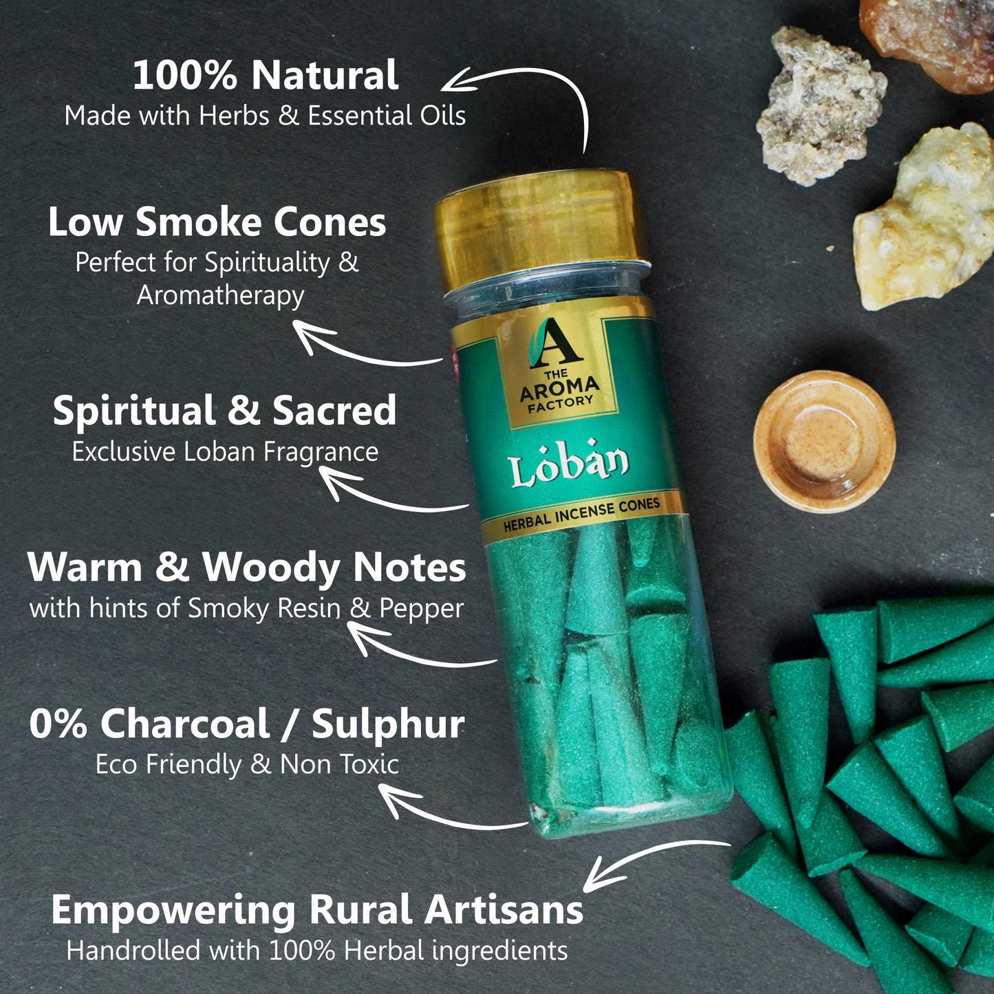 The Aroma Factory Incense Cone Set (Loban, Oudh, Kasturi, Kesar Chandan, Rose) Dhoop Cones, Pack of 5 x 30 Cones