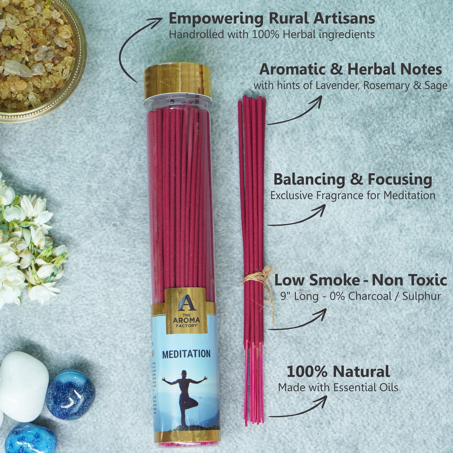 The Aroma Factory Organic Incense Sticks (Herbal Agarbatti for Smudging, Cleansing) 0% Charcoal, 0% Sulphur, 3 x 100g Bottle (Meditation, Stress Relief & Energizing)